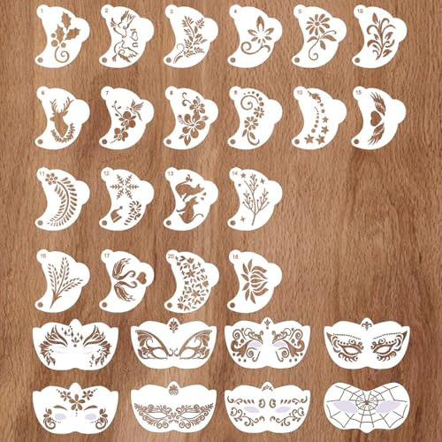 28 Stück Kinderschminken Schablonen,Wiederverwendbare Gesichtsfarbe Schablonen Kit,Tattoo Design Werkzeuge für Gesicht und Körper,für Kinder Erwachsene,Party,Fasching,Weihnachten Halloween