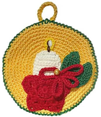 Presina di Natale ad uncinetto giallo-oro con candela 12.5 cm (2NT) - Made in Italy