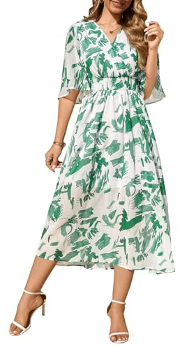 PASUDA Robe Longue Femme Été Manches Courtes Col V Chic et Elegant Floral Robe D'été Taille Haute Élastique Bohème Robe de Plage Décontractée Fête Vacances Mariage Aniversaire