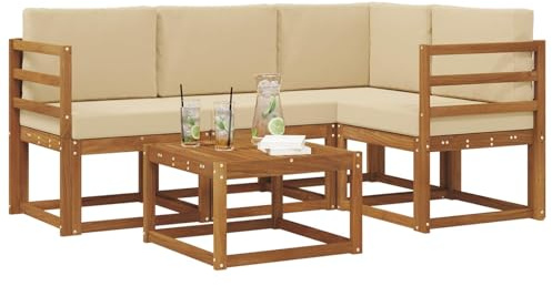 vidaXL Outdoor-Sofagarnitur mit Kissen 5 pcs Natur und Beige, Garten-Sofa-Set, Moderne Outdoormöbel, langlebige Lounge für die Terrasse, Bequeme Sitzgruppe