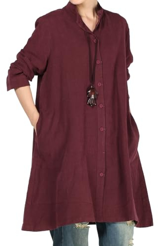 Minibee Women's Oversized Button Down Shirts Long Sleeve Cotton Linen Light Blouse Jacket with Pockets Burgundy XL
