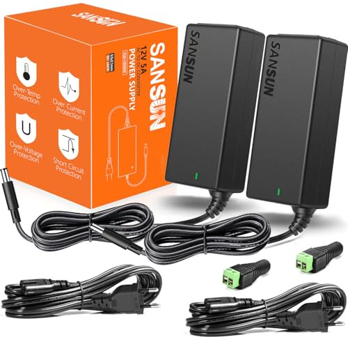 12 V 5 A Netzteil, AC 120 V auf DC 12 V 5,5 x 2,1 mm Klinken-Konverter, 12 Volt LED-Treiber 60 W Adapter-Transformator für Streifenlichter, Überwachungskameras, externe HDD, Monitor, CCTV (2 Stück)