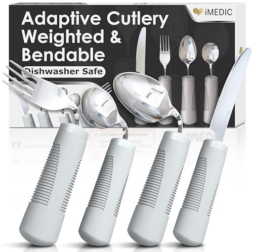 iMedic Weighted Bendable Cutlery for Disabled Hands (The Knife Does Not Bend) - Disabled Cutlery for Adults Suffering from Parkinson's and Tremors - 1 Set Grey