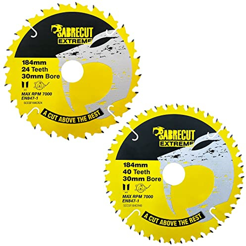 SabreCut 2pcs SCCSFK184CR 184mm x 24T/40T x 30mm Bore Circular Saw Blades | Thin-kerf design and durable carbide teeth reduce binding, cutting effort and tooth breakage