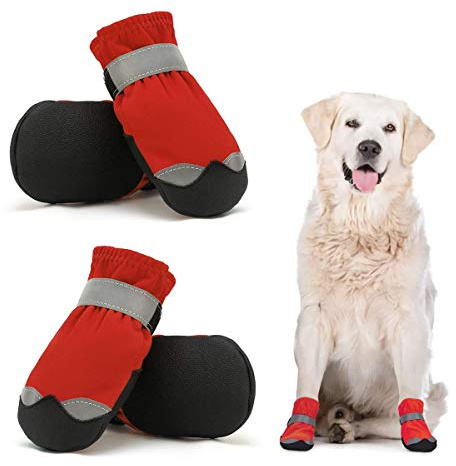 Dociote wasserdichte Hundeschuhe pfotenschutz mit Anti-Rutsch Sohle, reflektierendem Riemen, Klettverschluss Schneeschuhe für mittelgroße große Hunde 4 Stück Rot 6#