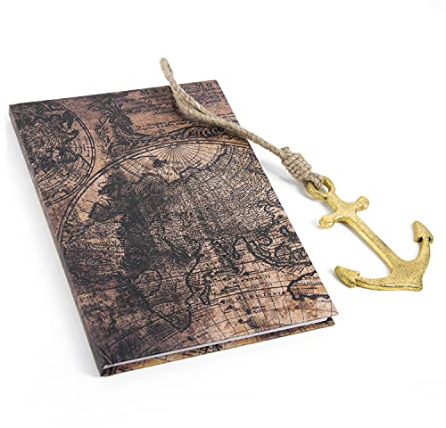Logbuch-Verlag Geschenkset - Vintage Notizbuch DIN A5 mit Weltkarte-Motiv + Anker Anhänger aus Metall gold braun - Geschenkidee Reise Reisebuch