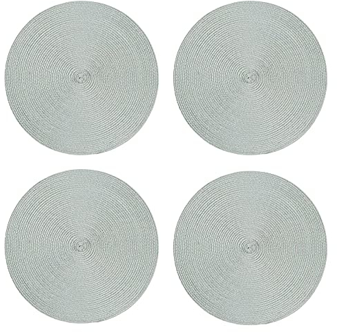 Set di 4 Tovagliette Rotonde da 35 cm, Sottopiatti Rotondi per Colazione, di Alta Qualità, Lavabili, Effetto Intrecciato (Argento)