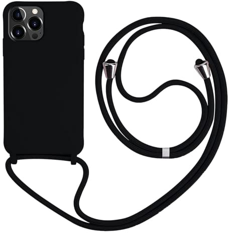 MEVIS Liquid Silikon Handykette Hülle für iPhone 13 Pro,Verstellbarer Halskette Silikon Handyhülle-schwarz