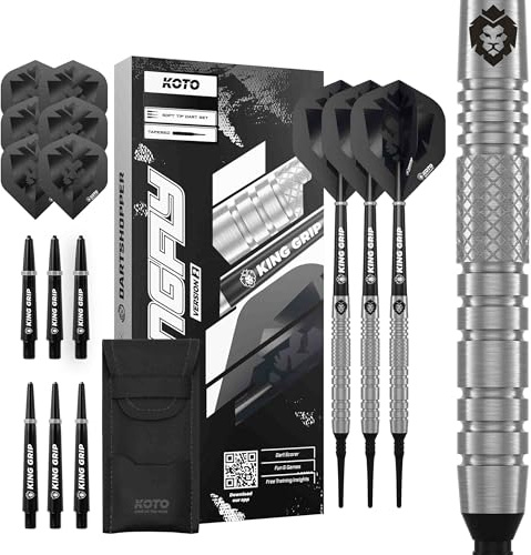 KOTO - Kingfly V1 90% Softdarts,18 G, Silber, Soft Tip Dartpfeile Inkl. 3 Barrels, 2 Sets Flights + Schäfte & Dartwallet, Firm Ringgrip | 18G, Softdarts Inkl. 3 Barrels, 6 Dart Flight & 6 Shaft, Firm Ringgrip, 90% Tungsten, Inkl. Dartwallet & Lasergravur