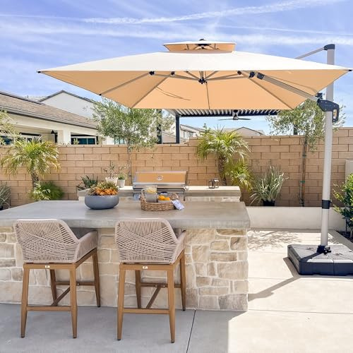 PURPLE LEAF Sombrilla Terraza Exterior de Aluminio 3 x 3 m Parasol Terraza, Rotación de 360°, Sombrillas Jardin Grandes con Manivela y Protección UV 50+, Caqui