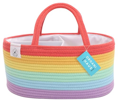 OrganiHaus Cesta de Bebe, Organizador de Pañales, Cesto Cambiador de Bebe Portatil, Cesta de Almacenaje para Regalo de Recién Nacidos, Portapañales de Cuerda de Algodón, Arco iris