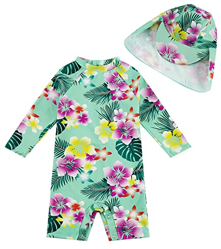 upandfast Baby Schwimmanzug Einteiliger mit Sonnenhut UV Schutz Badebekleidung für Baby Mädchen(Grüne Blumen,3-6 Monate)