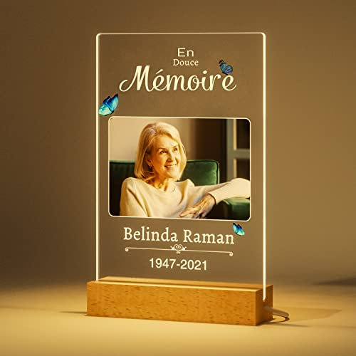 Bemaystar Lumières de nuit personnalisées, Lampe commémorative personnalisée pour mère, cadre photo éclairé avec photo et texte, veilleuse plaque commémorative