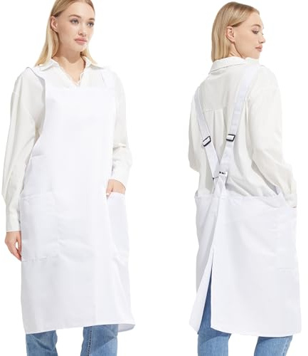 APRONNER Comfortable Water Repellent Cross Back Aprons for Women with Pockets for Cooking Kitchen Baking Adjustable Unisex White
