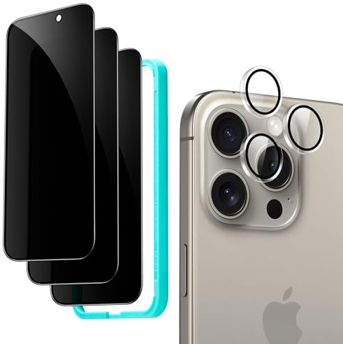 ESR 3+1Stück für iPhone 15 Pro Max für Panzerglas Sichtschutz,Montagerahmen | Militärnorm-Schutz, 9H gehärtetes Glas, Anti-Spy, Vollflächig Displayschutzfolie, Ausrichtungsrahmen, und 1 Set Kameraschutz