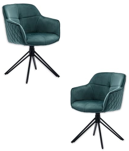 EMMA Esszimmerstühle 2er Set mit schwarzem Metallgestell, Grün - Bequeme Samt Stühle für Esszimmer & Wohnzimmer - 59 x 82 x 62 cm (B/H/T) | 59 x 82 x 62 cm (B/H/T) Samtbezug mit Diamantsteppung, ergonomische Polsterung, Sitzhöhe 50 cm, Esszimmer, Wohnzimmer, Büro