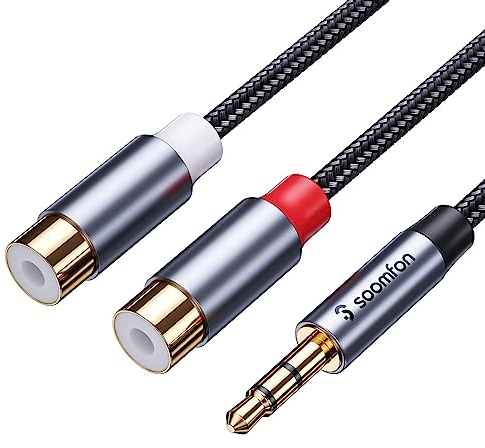 SOOMFON RCA to 3.5mm Audio Cable 2RCA to Aux 3.5mm Mini Jack Audio Lead 1M | Red and White 2RCA Male to 3.5mm Jack Female Nylon Braided Gold-Plated Plug Stereo for Hi-Fi Amplifier Speaker Turntable