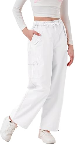 Rolanko Pantalón Cargo Paracaídas Holgado para Niña, Y2K Vintage Joggers con Cintura Elástica Ajustable para Niños Fit, Blanco, Talla:130