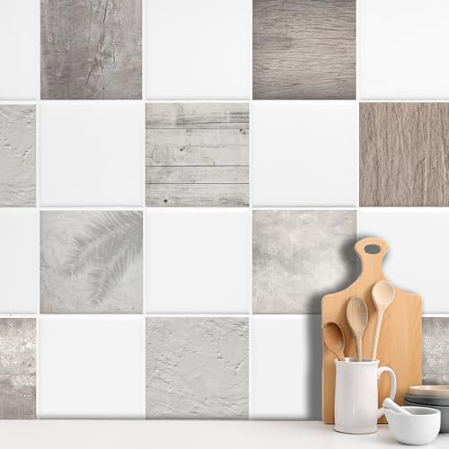 GRAZDesign Fliesenaufkleber Bad & Küche Textur Stein Holz Beige Grau Klebefliesen selbstklebend - 20x25cm / 10 Stück