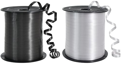 TONIFUL 450 Meters Geschenkband Schwarz und Silber -5mm Geschenkbänder luftballon schnur - luftballon band Luftballons Hochzeit Geschenkverpackung für Ballonverschlüsse, Geschenkverpackung