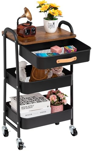 DOEWORKS Storage Trolley on Wheels Metal 3-Tier Rolling Trolley with Drawer