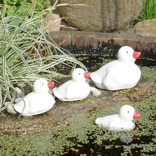 Storm's Gartenzaubereien Keramik Entenfamilie - Schwimmdeko für Teich u. Garten - Elegante Dekoration weiß - Tierdeko für Miniteiche - Balkonteiche - Gartendeko Tierfiguren