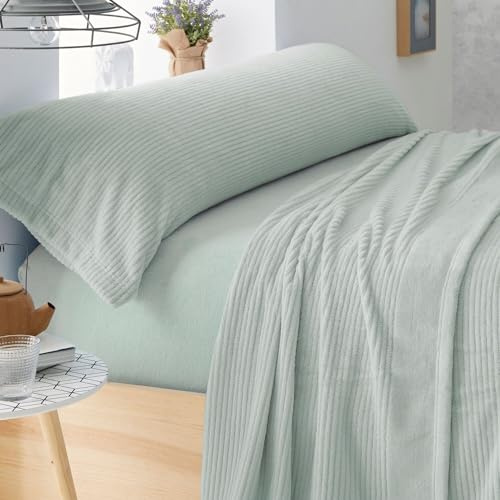 Burrito Blanco | Juego de Sábanas Coralina Invierno Cama 150-160 Salvia | 4 Piezas: Bajera, Encimera y 2 Fundas | 100% Poliéster | Cálidas | Extra Suaves | Ligeras | Apto Secadora