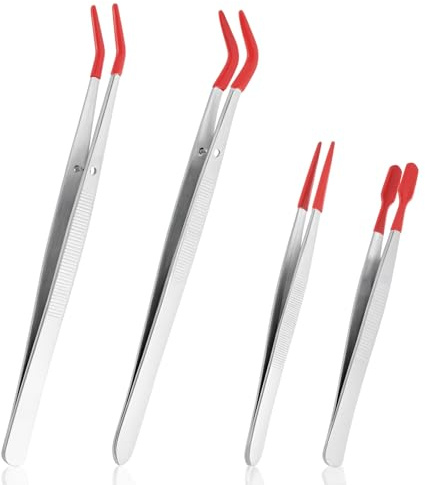 4 PCS Pinzette Mit Gummispitze,Lang Edelstahl Tweezers Gebogene Pinzette,Edelstahl Flacher Spitze Pinzette,PVC-Silikon Beschichtete Spitzen Pinzette,Für Handwerk Industrie Schmuck Elektronik Labor We