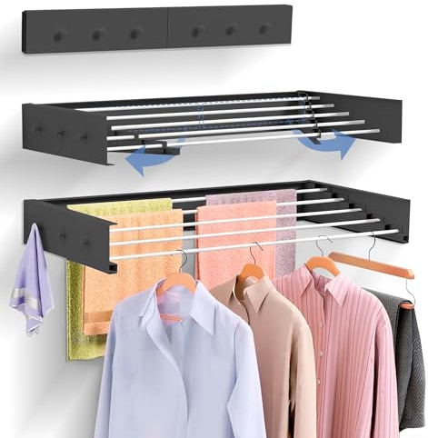 JUPPLIES Wandwäschetrockner Ausziehbar 100 cm – Faltbarer Wäscheständer für Innen & Außen – Platzsparender Wandtrockner aus Aluminium mit 30 kg Tragkraft (schwarz mit Kleiderbügeln)