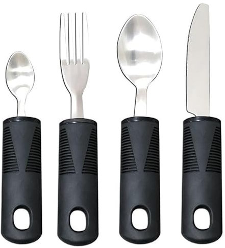 Wjelet 4Pcs Large Wide Handled Easy Grip Cutlery Set, Cutlery for Arthritic Hands, Anti-Shake Spoon & Fork,Disability Flawless Dining Aid(Black-Straight Handle)