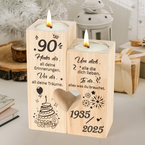Seutgjie Deko 90 Geburtstag Frau Mann Geschenk Kerzenständer Holz Personalisiert 1935 bis 2025 für Mama Schwester Freundin Kollegin Coole Geschenkideen