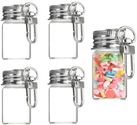5 botellas pequeñas de vidrio de 7 ml, con tapa de aluminio, con cierre de llavero, para manualidades, colgantes, tarros de cristal en miniatura
