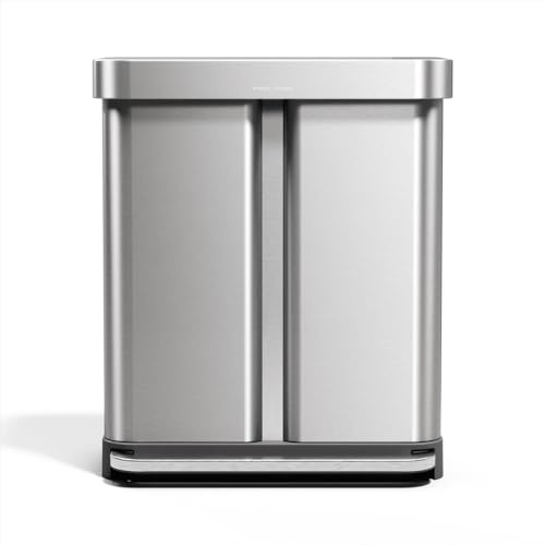 simplehuman 58 Liter / 15.3 Gallon Rectangular Hands-Free Dual Compartment Recycling Kitchen Step Trash Can with Soft-Close Lid, Brushed Stainless Steel