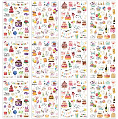 Guyode 12 Piezas Pegatinas para Tarjetas de Cumpleaños, 4 Estilos Adhesivas Decoraciones Pegatinas Feliz Cumpleaños, Happy Birthday Stickers Kit para Albumes de Recortes Journal Diario