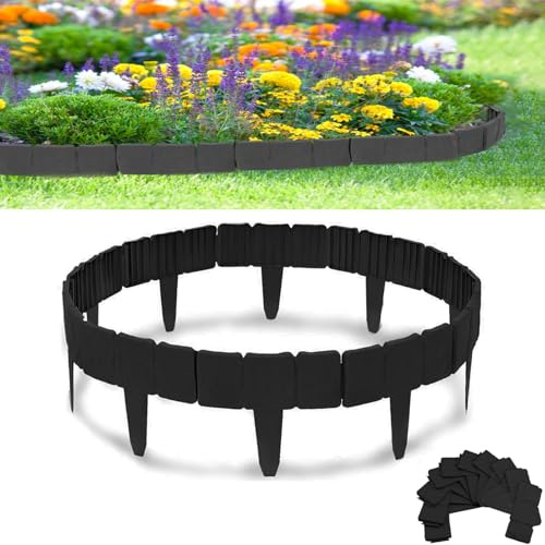 Rasenkante Kunstoff, 5m Flexibler Steinoptik Beeteinfassung, 20 Stücke PP Beetumrandungen Mähkante, Rasenkanten Steinoptik Palisade für Blumen Gartenzaun Decorativ, L 25 x H 23 cm - Nero