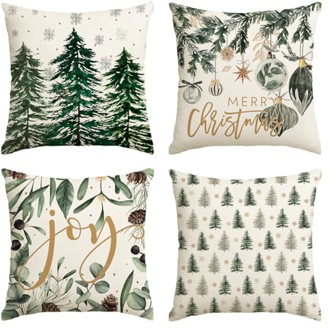 Artoid Mode Kugeln Kiefern Eukalyptus Schneeflocken Weihnachten Kissenbezüge 4er Set, 45x45 cm Christmas Zierkissenbezug Cushion Cover Couch Deko
