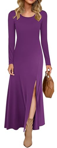 AUSELILY Robe Longue Cintrée pour Femmes, Robe d'automne-Hiver Fendue, Manches Longues, Col Rond