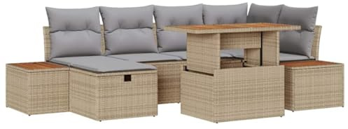 vidaXL 7-teiliges Garten-Sofa-Set mit Kissen in Beige aus Poly-Rattan. Modulares Design, verstellbare Füße. Perfekt für die Moderne Terrasse. Lounge-Tisch für entspannte Sommertage.