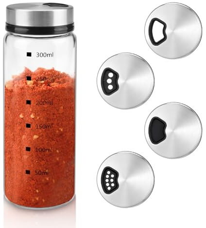 Fatiya 10 Oz Salt and Pepper Shakers with Adjustable Pour Holes, Glass Seasoning Shaker Bottle with Stainless Steel Lid & Scale, Clear Salt Dispenser Container for Kitchen Restaurant Cooking