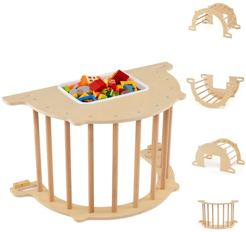 HOMASIS Arco da Arrampicata per Bambini in Legno, 8 in 1 Palestra da Interno con Scatola, Dondolo, Gioco nella Sabbia e con l'Acqua, Parco Giochi per Bambini da 3+ Anni (Naturale, 80 x 47 x 41 cm)