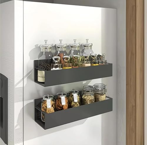 Magnetic Spice Rack for Fridge 2-Pack - Strong Magnetic Fridge Storage Shelves Kitchen Organiser - Metal Magnetic Kitchen Shelf for Refrigerator Side Wall - Space Saving Magnetic Racks