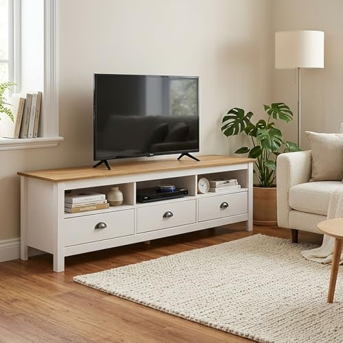 IDIMEX Meuble TV Campo L 159 cm avec 3 Tiroirs et 3 Niches en Bois Massif Couleur Blanc et Brun Style Campagne, Passe-Câbles Intégré, Poignées en Métal, pour Téléviseurs jusqu'à 70