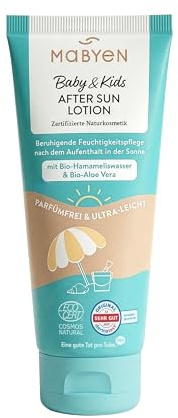 MABYEN Baby & Kids Lotion après-soleil - Sans parfum et végétalien - Soin hydratant pour la peau sensible de bébé - Cosmétique naturel certifié NATRUE - Apaise après un bain de soleil - 180 ml