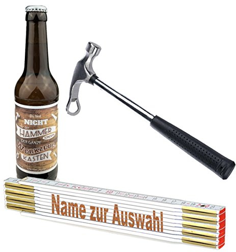 schenken-24 3-teiliges Geschenkset/Zollstock mit Namens-Gravur, Handwerker-Bier und Flaschenöffner,Hammer'/ Echte Kerle/Männergeschenk/Handwerker/Vatertag/Geburtstag, Zollstöcke Namen:Erik