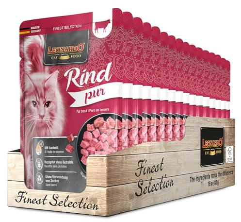 Leonardo Sacchetto salvafreschezza [16x85g Manzo - puro] | Cibo umido senza cereali per gatti | Alimento completo umido in busta monoporzione
