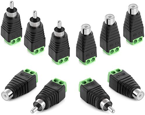 POPPSTAR Spinotti RCA cinch (set adattatori RCA con 5 spine RCA / 5 prese RCA su morsettiera a 2-pin) DC Cinch connettori per cavi audio e video, telecamere TVCC, altoparlanti