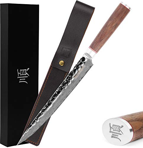 YOUSUNLONG Coltello da intaglio 25,4cm Coltello da sashimi mancino - Damasco giapponese Steel- Manico in noce naturale con fodero in pelle