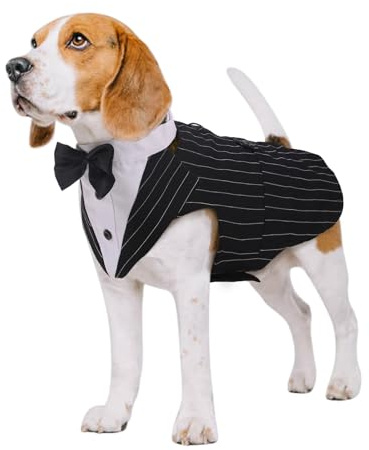 Kuoser Hund Smoking Anzug Bandana Set, Haustier Fomal Kleidung, Gestreift L | Hunde Mantel mit Abnehmbarer Fliege, Hundeanzug Welpe Kostüm Shirt für Hochzeit Halloween Geburtstag Party，leicht & bequem