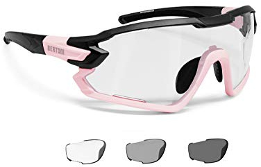 BERTONI Fahrradbrille Sport Sonnenbrille Radbrille MTB mit Sehstärke für Brillenträger mod. QUASAR (Schwartz-Rosa/Selbsttönende)