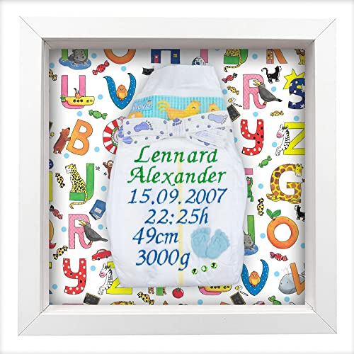 Bestickte Windel im Rahmen weiß Junge, süßes Geschenk zur Geburt I Taufgeschenk, mit Kristallen verziert | Name, Datum, Uhrzeit, Gewicht und Größe | Nachhaltiges Babygeschenk